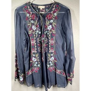 All About Her Gray Sz L Heavily Embroidered Sheeer Tunic Top LS 1/4 Button Down